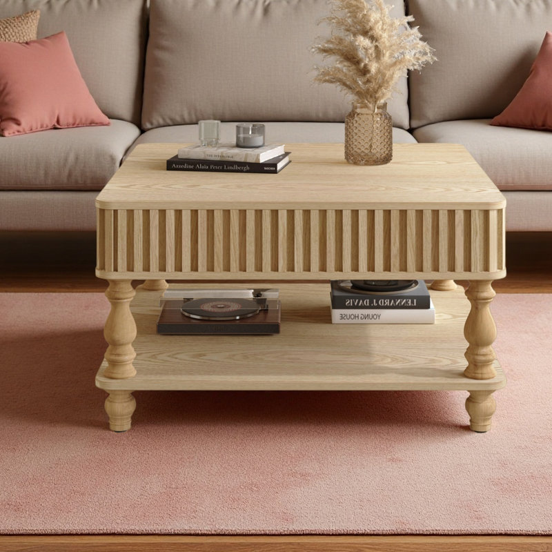 Table basse à plateau relevable cannelé 31,5 pouces avec rangement ouvert et caché, mécanisme de levage hydraulique, pieds en bois massif rétro pour le salon, canapé