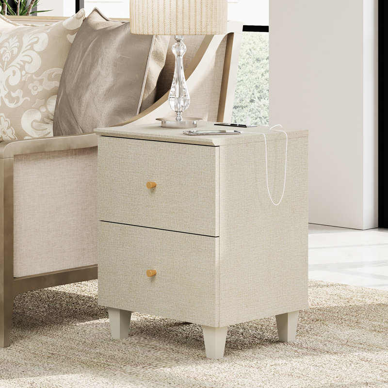 Lysiane 2 - Drawer End Table and Built-In Outlets, Beige