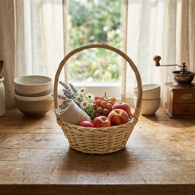 Lapine Round Willow Handle Basket for Gift Baskets, Storage, and Home Décor