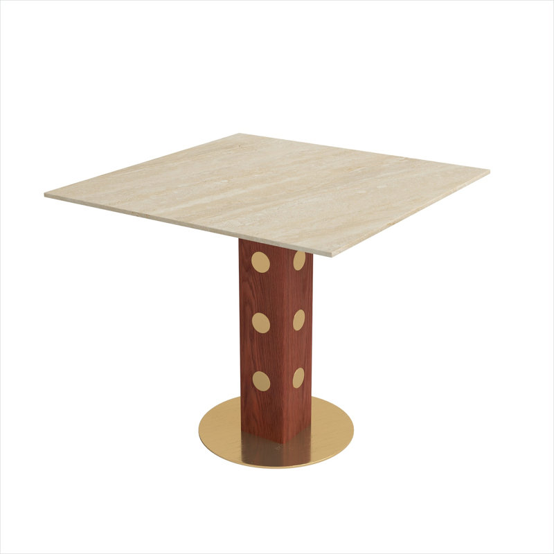 Table de salle à manger carrée moderne pour petits espaces, plateau en pierre frittée blanc doux avec pieds en bois et base dorée, 33,5 po, sièges 2