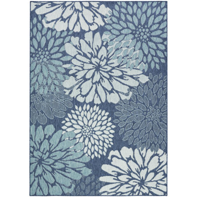 Winston Porter Ylianna Navy Tropical Indoor/Outdoor Rug