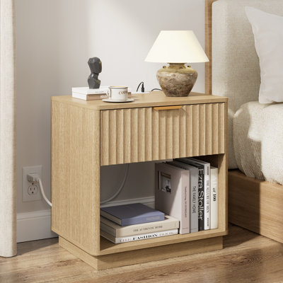 Seyla 23.6''W Drawer Nightstand with Charging Station Outlet, Fluted Wood Nightstand with Open Shelf Cubby for Bedroom Living Room