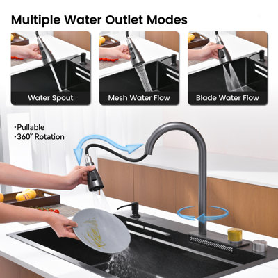 Waterfall Kitchen Sink 33×22″ Black Stainless Steel Single Bowl, Multifunctional Workstation Sink with Flying Rain Faucet & Cutting Board