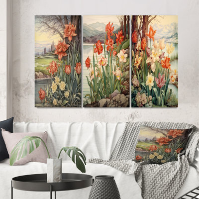 «Red Tulips Blooming Retro Illustration II», 3 pièces