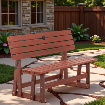 2-in-1 Convertible Bench Picnic Table with Backrest and Umbrella Hole