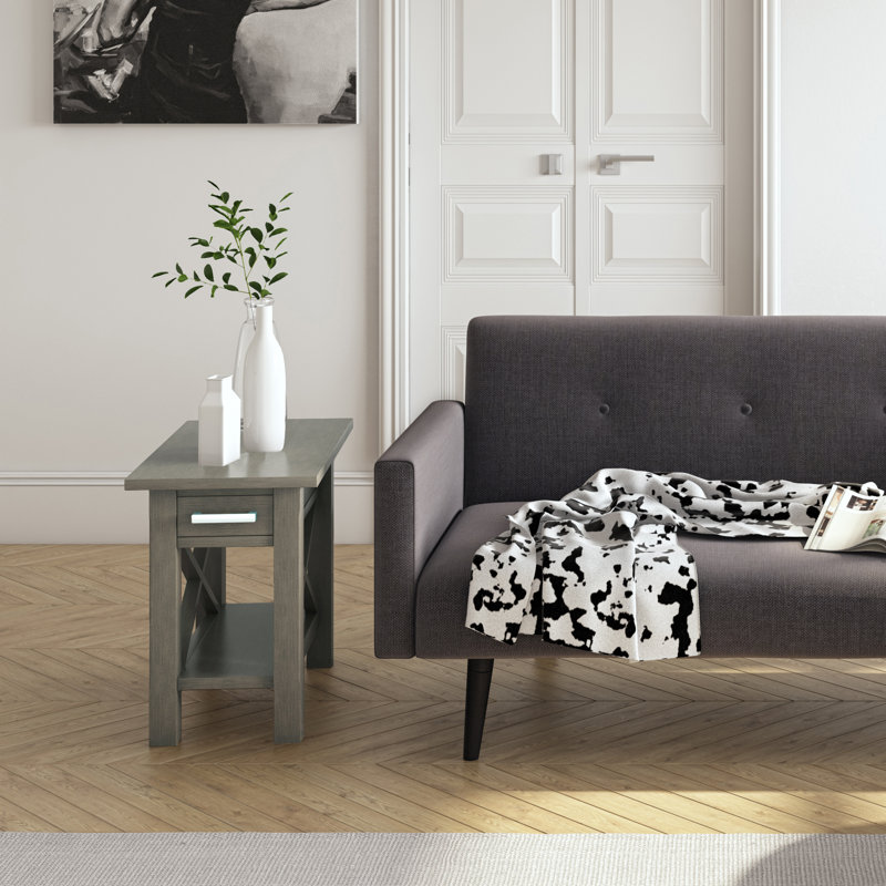 Table de bout rectangulaire étroite en bois massif avec tiroir Kitchener, Gris, H 20 po x l 20,5 po x P 20,5 po