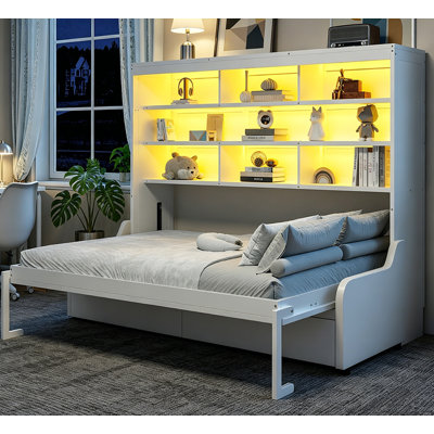 Murphy Cabinet Bed With Folding Sofa,Built-In Storage Shelves And LED Light
