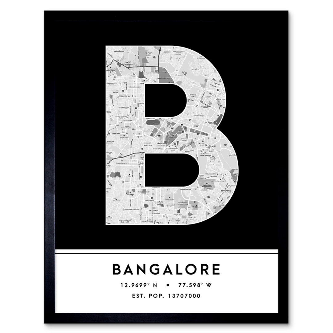 Bangalore City Map Bangalore Black & White by Wee Blue Coo - Single Picture Frame Typography