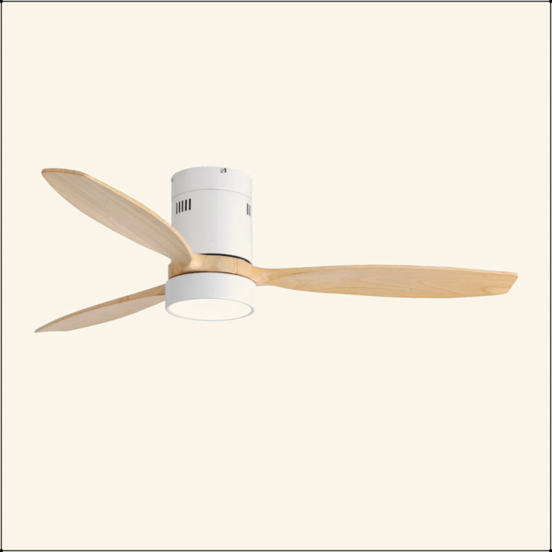 52 Inch Flush Mount Ceiling Fan DC 3 Solid Wood Fan Blade Noiseless Reversible Motor Remote Control With Light