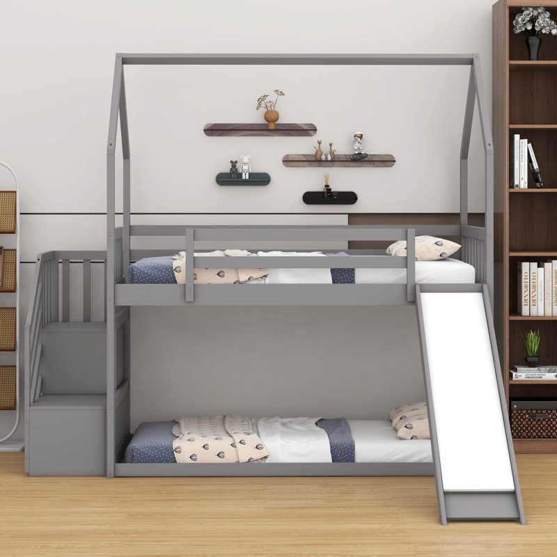 Multifunctional Twin Over Twin Wood House Shaped Bunk Bed With Convertible Slide And Storage Staircase, Gray