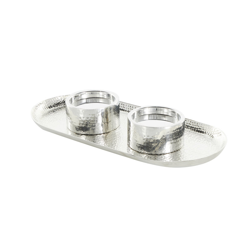 Stainless Steel Metal Hammered Decorative Candle Holder with Oval Tray Plate, Silver