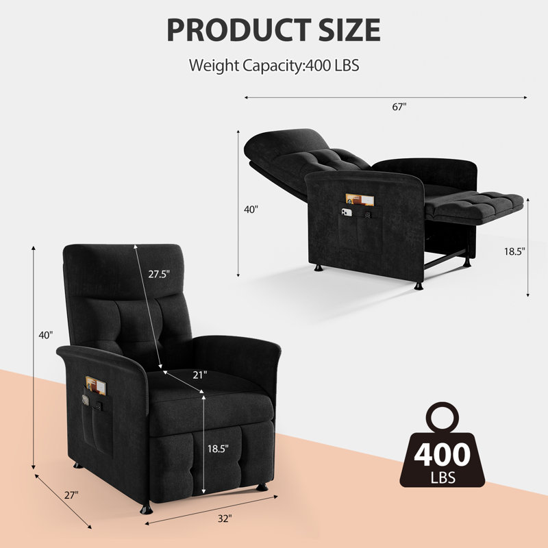 Power Recliner Chair for Adults with Heat & Massage - Electric Reclining Sofa with Remote Control, 3 Side Pockets, 180° Lay Flat Sleeper for Living Room Home Theater