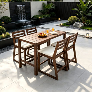 5 Piece Rustic Solid Wood Patio Bar Set, Outdoor Bar Table & Ergonomic Slatted Chairs for Backyard Porch Poolside