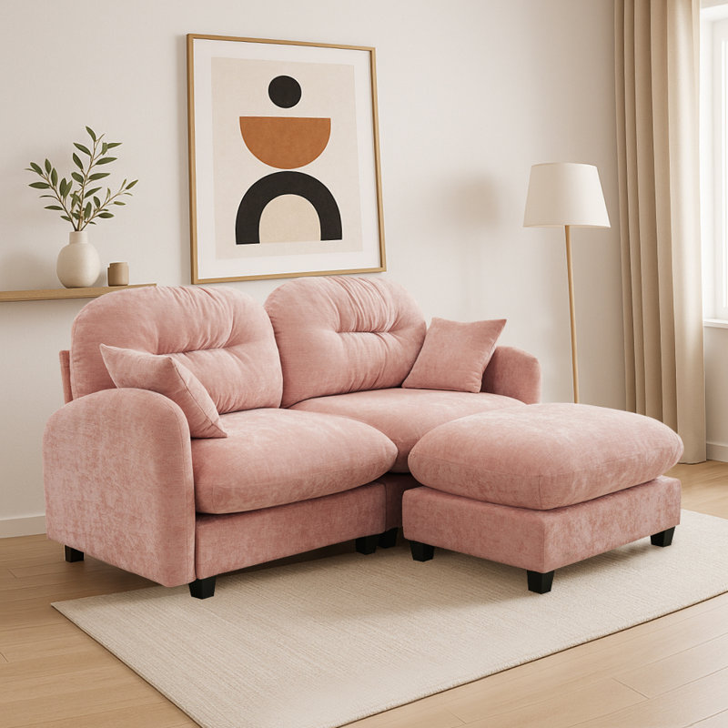 Canapé modulaire de 74 pouces en chenille Cloud Series avec repose-pieds, spécialement conçu pour les espaces compacts., Rose