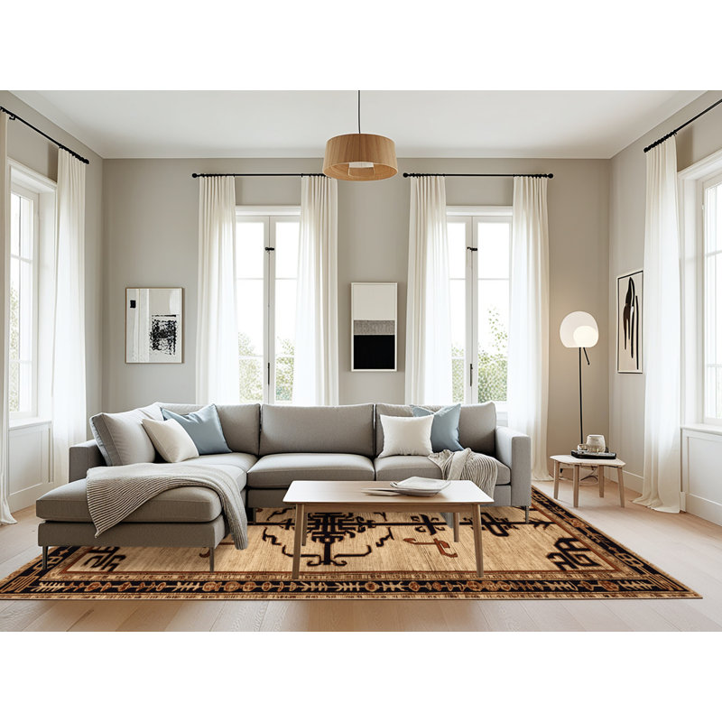 Tapis beige Art Deco lavable à la machine, Rectangulaire 8 pi x 12 pi