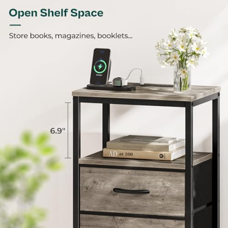 Nightstand With Charging Station, Fabric Drawers, End Table With Open Shelf, Bedside Table With USB Ports And Outlets, Night Stand For Bedroom, Oak