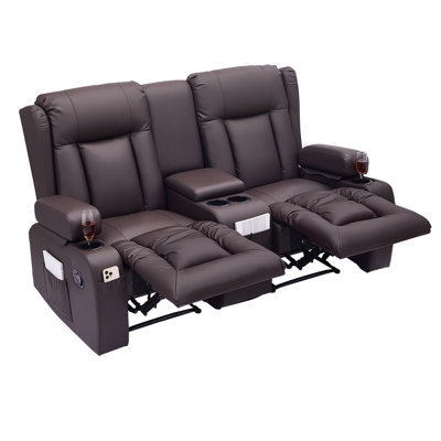 Canapé inclinable avec causeuse, canapé inclinable manuel avec console centrale, canapé inclinable en simili cuir avec ports USB, porte-gobelets et sacs de rangement, causeuse double pour le salon / véhicule récréatif, brun