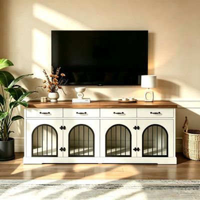 Cage pour 2 chiens de 180 cm (71 pouces), avec porte de séparation amovible, 4 tiroirs de rangement, table d'appoint et meuble télé pour chiens de petite et moyenne taille.