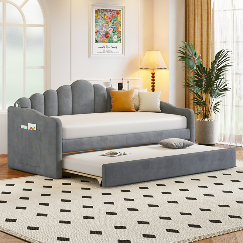 Lit de jour simple rembourré avec couchette, canapé-lit en velours avec ports de chargement USB, aucun sommier nécessaire