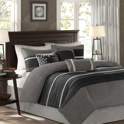 Édredon 7 pièces très grand noir, conception transitionnelle en faux suède, doux au toucher, 2 taies décoratives, 3 coussins décoratifs, très grand lavable à la machine, rembourrage, assorti