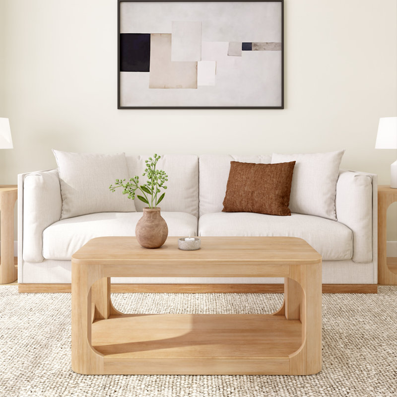 Modern Rounded Rectangular Coffee Table With Shelf, 17.75" H x 20.25" L x 40.5" W, Blonde