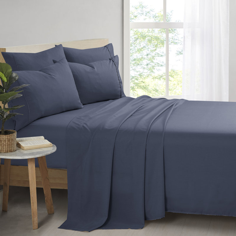 Ensemble de draps en bambou et rayonne avec taies d'oreiller, Marine, Ensemble de draps pour très grand lit + 5 pièces