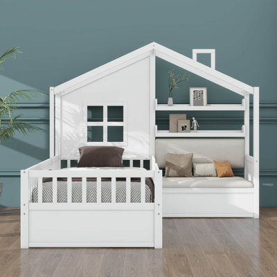 Lit plateforme simple pour enfants avec canapé intégré, tiroirs doubles et tablette de rangement