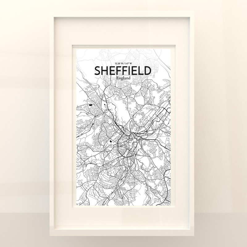 Sheffield City Map, impression à l'encre, Noir et blanc, H 17 po x l 11 po