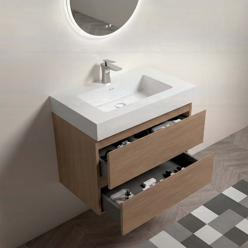 Meuble-lavabo mural 30 po en noyer brun avec lavabo, grand meuble-lavabo flottant mural pour salle de bain moderne