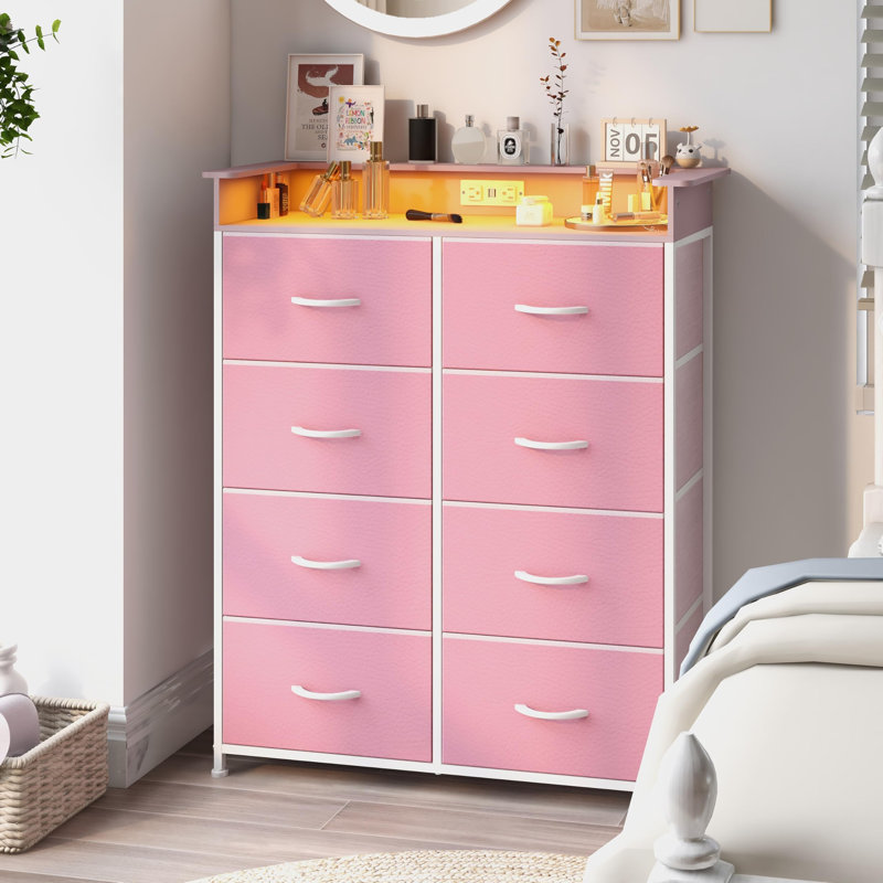 Commode haute pour chambre avec station de charge, 8 tiroirs, éclairage DEL, rangement pour entrée, placard, structure robuste en acier, plateau en bois, poignées faciles à tirer