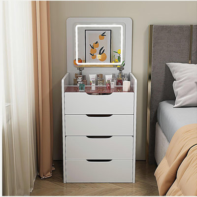 Ensemble de meuble-lavabo 3-en-1 de 60 cm avec miroir rabattable, bureau en verre, 3 tiroirs et tabouret rembourré pour la chambre à coucher | Idée de cadeau