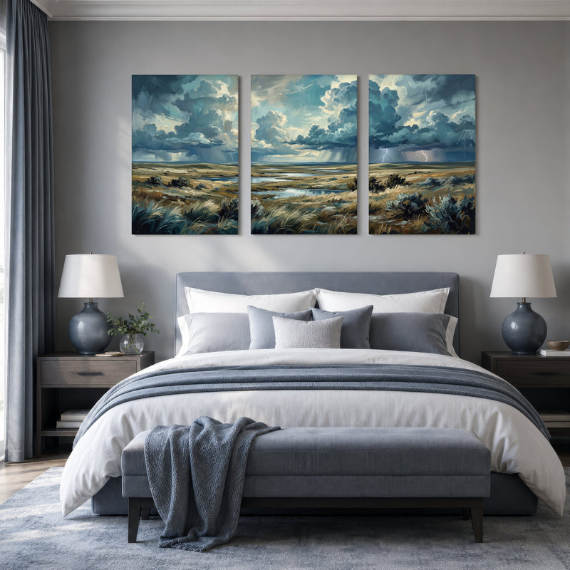 «Blue Storm Clouds Over Grassy Plains with Lightning», ensemble de 3 toiles murales, 30"H x 20"W x 3pcs
