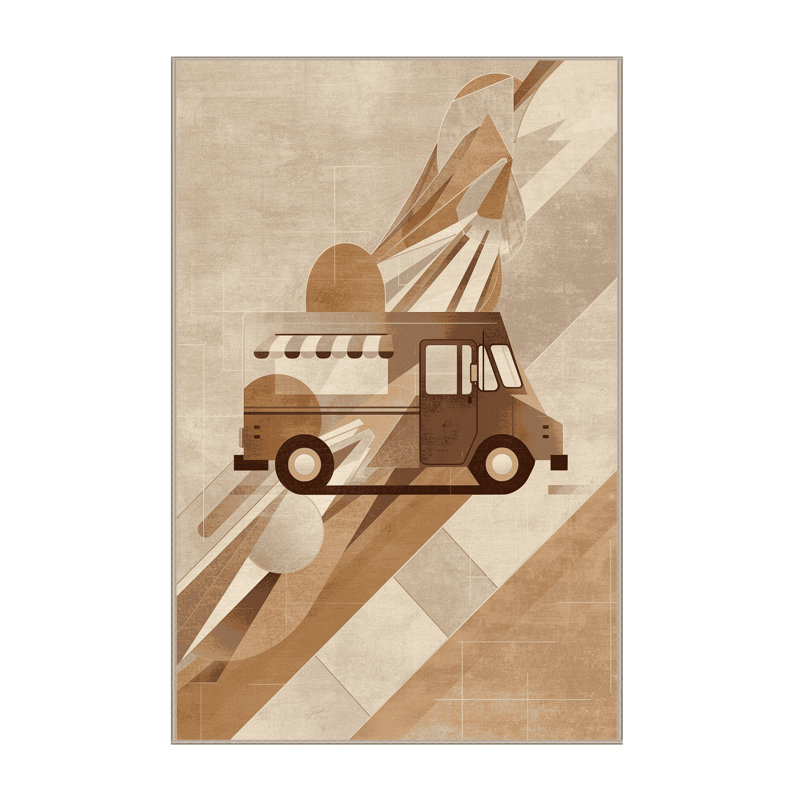 Machine Washable Vehicles And Transportation Ice Cream Truck Modern Abstract Rug in Beige – Beige Binding, 2x3
