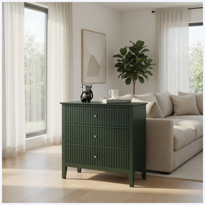 Table de chevet 32 po de large à 3 tiroirs vert cannelée, grande table de chevet moderne pour la chambre à coucher, canapé, table de bout avec beaucoup de rangement