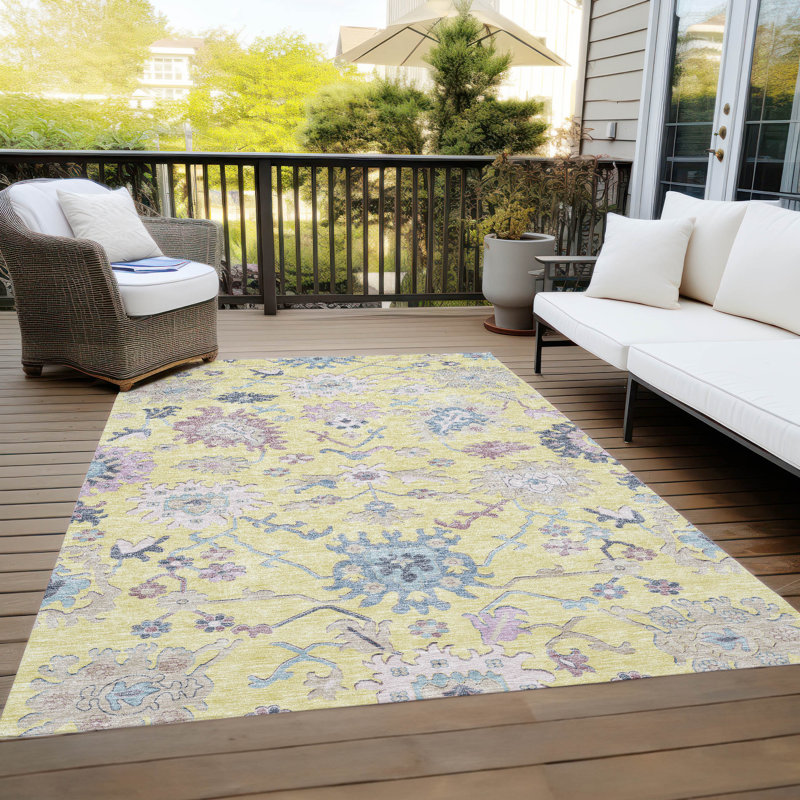 Yellow Rectangular Washable Synthetic Indoor/Outdoor Rug 3' x 5'