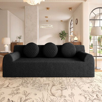 71-inch 3-seater corduroy frameless sofa with deep, spacious cushions and 3 decorative throw pillows; no assembly required; suitable for bedrooms and offices