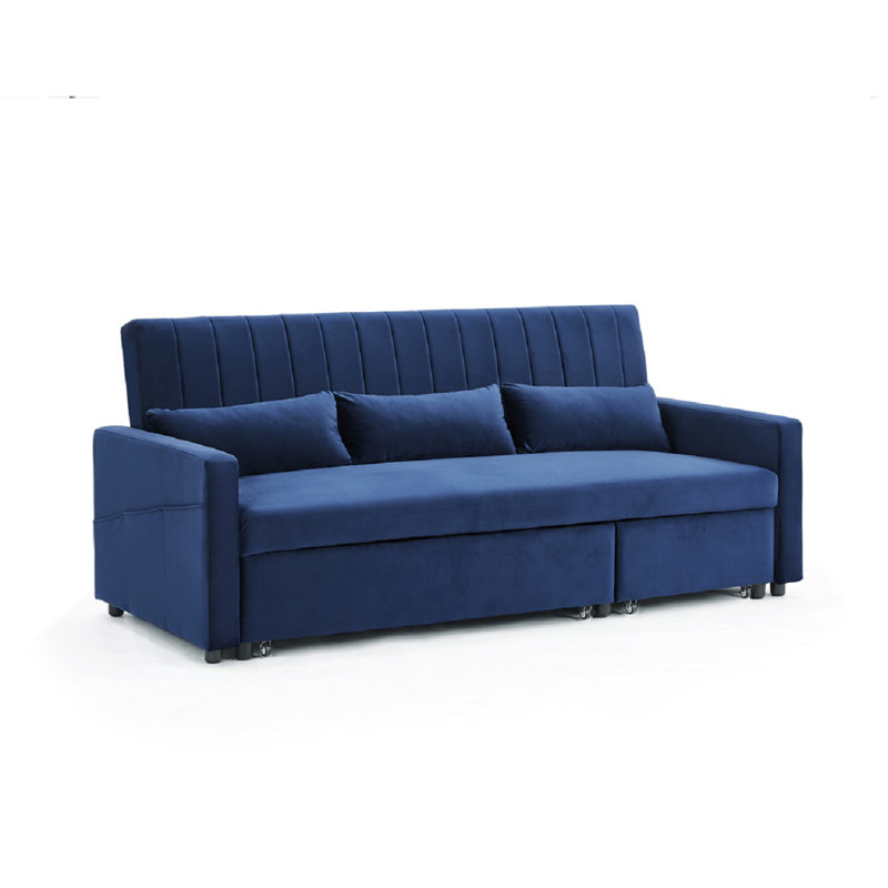 Krisheena 3 Seater Linen Velvet Sofa Bed, Blue Velvet