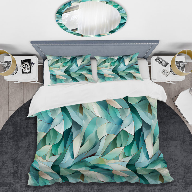 Ensemble de housse de couette à motif de bord de mer en mosaïque vert clair et motif de côtes I