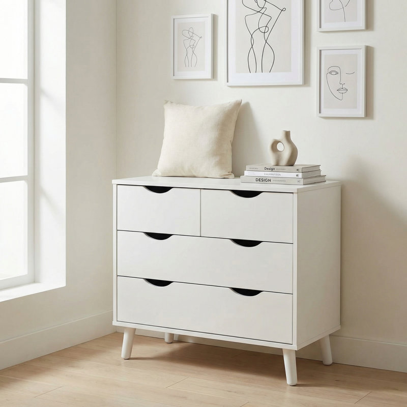 Table de chevet moderne 24,4 po avec 4 tiroirs de rangement et pieds en bois massif - Blanc, Blanc