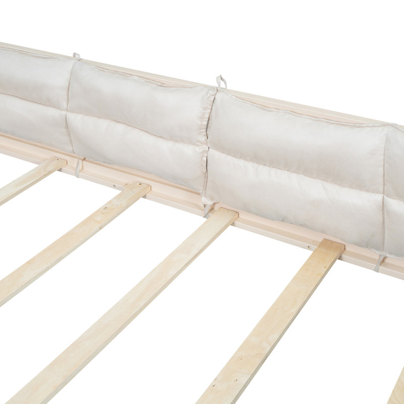 Lit plateforme tapissier beige avec garde-corps et coussin confortable - Structure solide en bois durable, Beige
