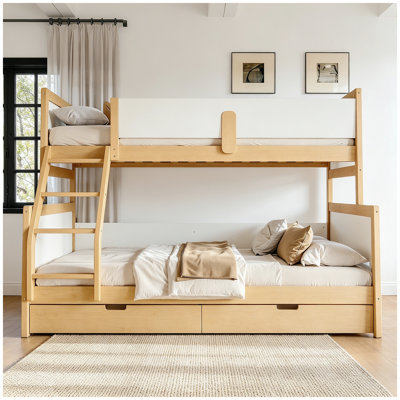 Lit simple superposé simple au-dessus d'un grand lit avec tiroirs de rangement, lit superposé en bois massif avec lattes de soutien et conception convertible, blanc et naturel