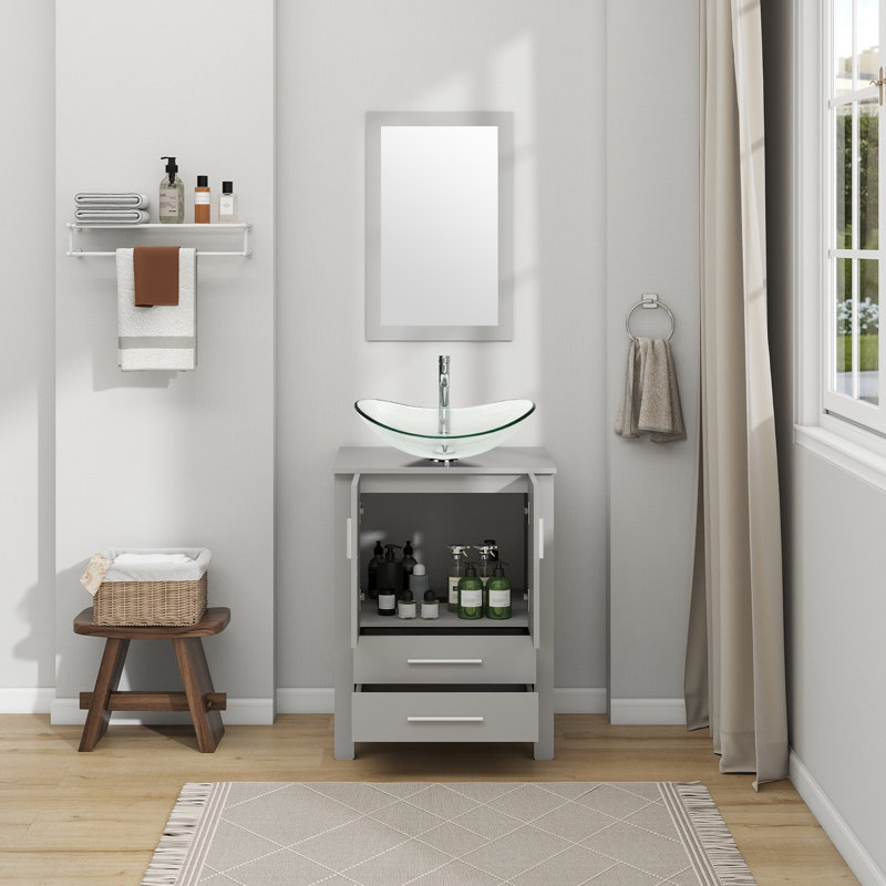 Ensemble de meuble-lavabo simple 24 po Allexus, Transparent, Gris, Argent argent
