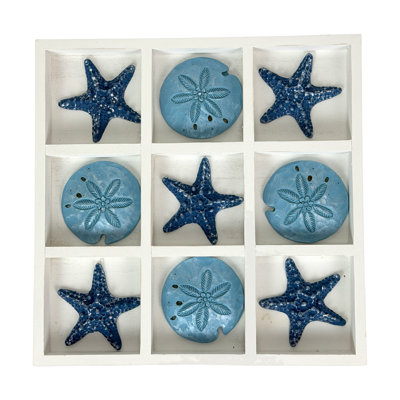 Coastal tic tac toe game with whitewashed wood and blue resin sea pieces, 11.75 inches wide