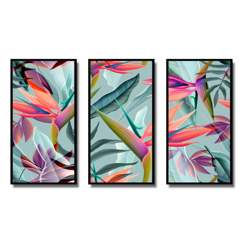 Fleurs tropicales rétro VI - 3 pièces, impression sur toile, Noir, H 32 po x l 48 po