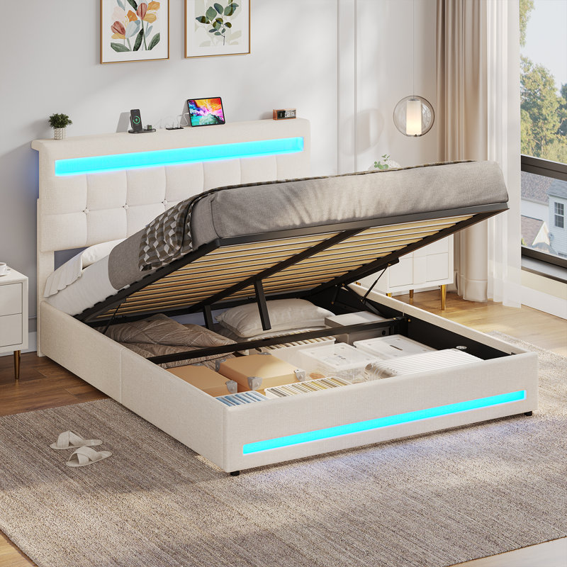 Ottoman Bed Frame with Charging Station & LED Lights, Upholstered Platform Bed frame with Under-bed Storage and Storage Headboard, No Box Spring Needed