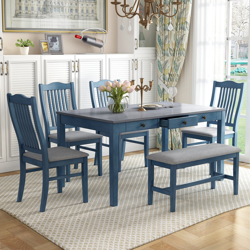 6-Piece Choe with drawer, 4 slat back chairs and Bench, Blue