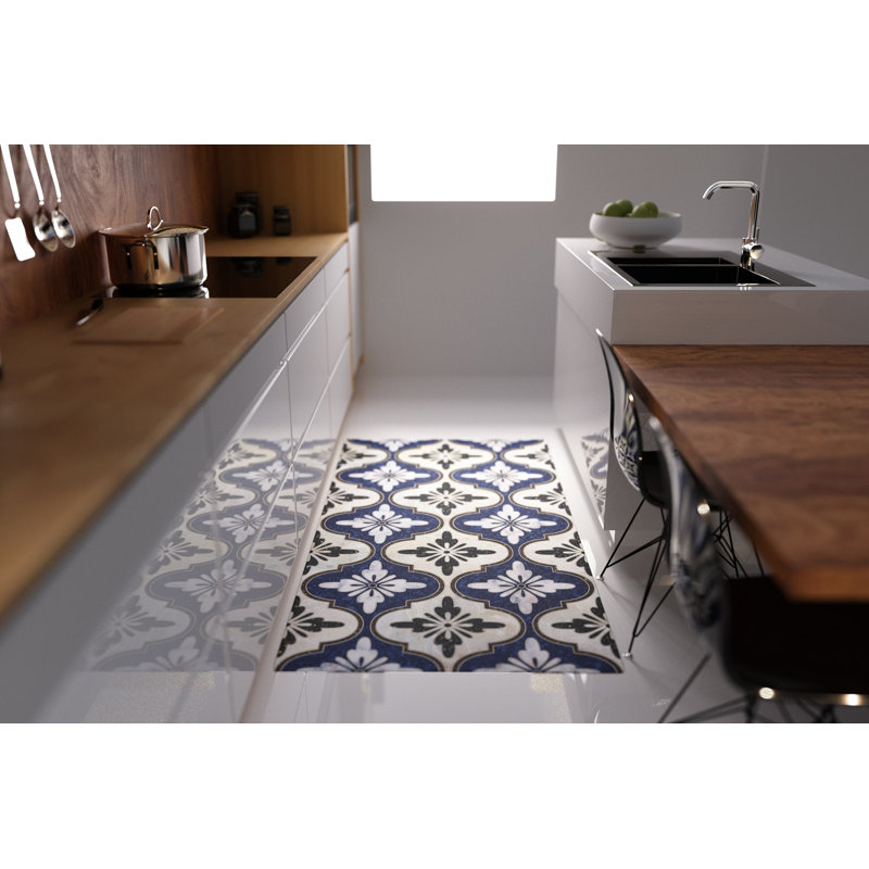 Maroc Vinyl Floor Mat, Blue, 190cm L x 67cm W