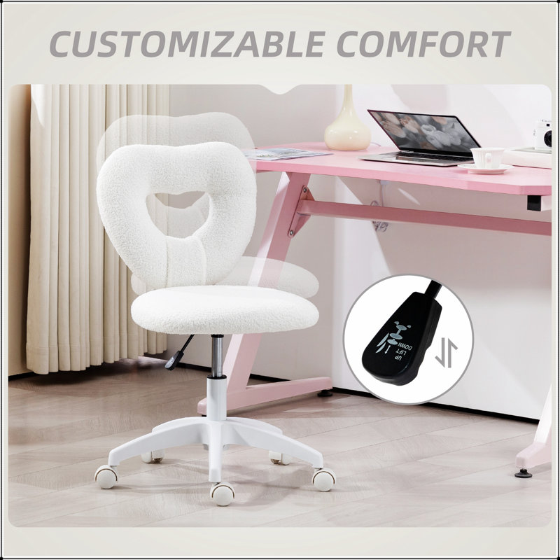 Chaise de bureau élégante en forme de cœur avec roulettes pivotantes, revêtement en molleton en molleton pour un confort optimal et un bon maintien de la posture.