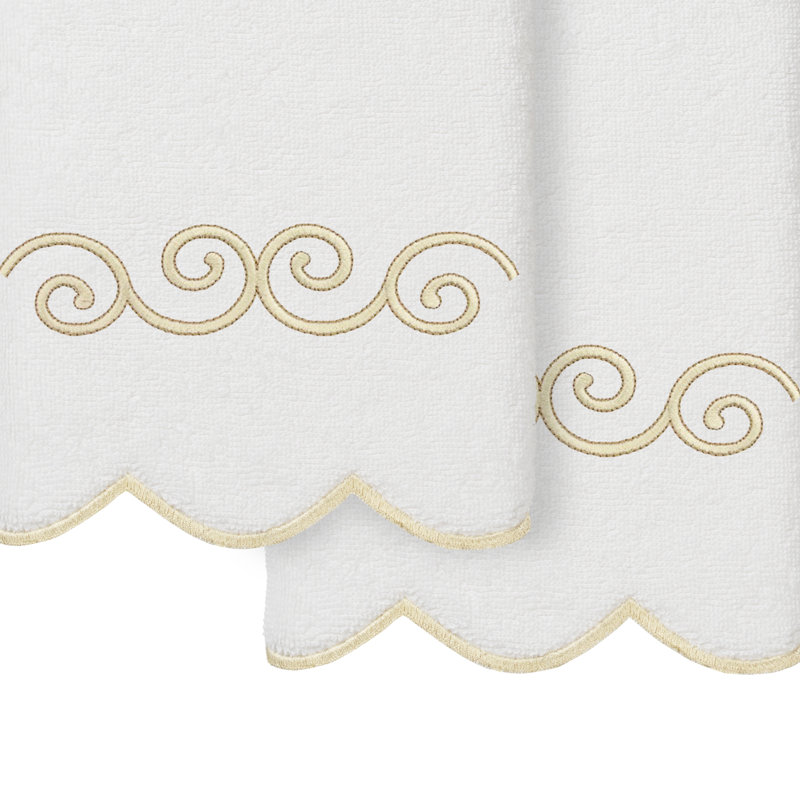  Ensemble de serviettes 100% coton festonné 100% coton sycometra 2PC, Ensemble de 2 essuie-mains, Blanc / beige
