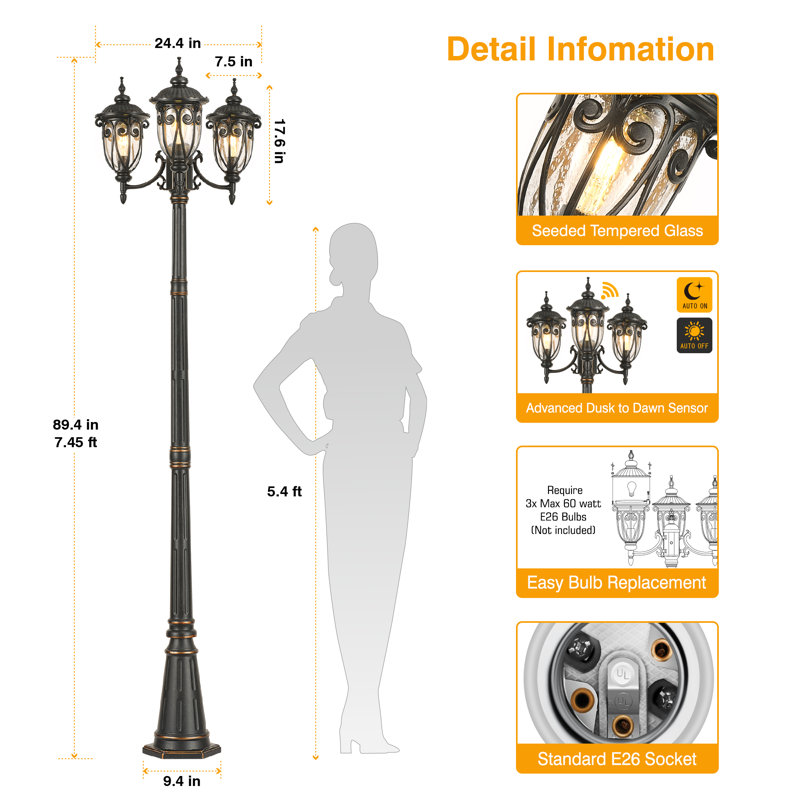 Lampadaire d'extérieur à 3 têtes en bronze huilé